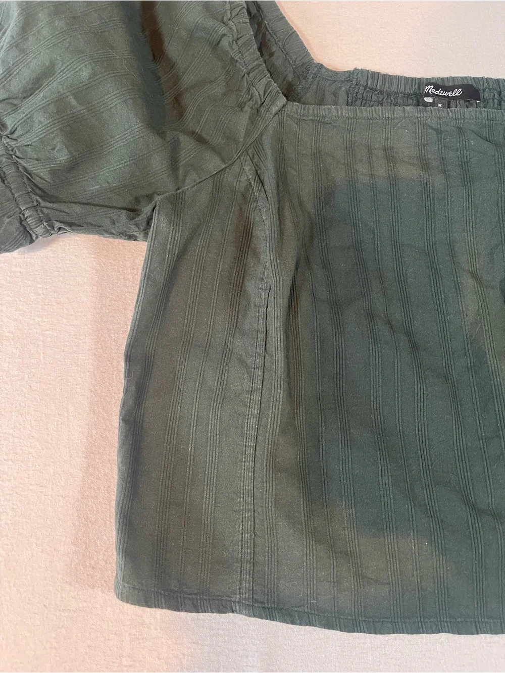 Madewell Dark Green Square Neck Puff Sleeve Crop Blouse